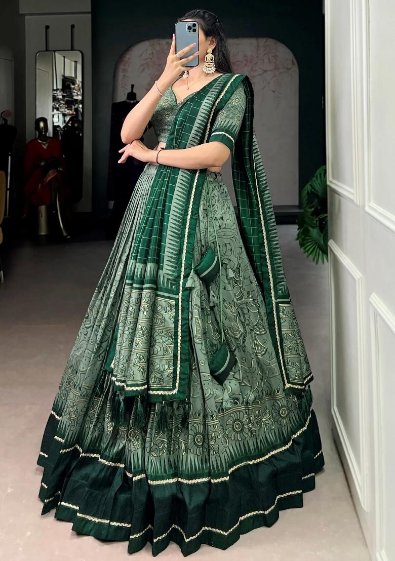 Green Printed Silk Lehenga Set - Indya