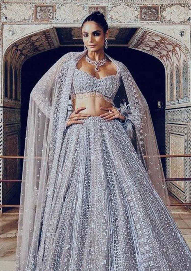 Grey Sequin Work Silk Lehenga Set - Indya