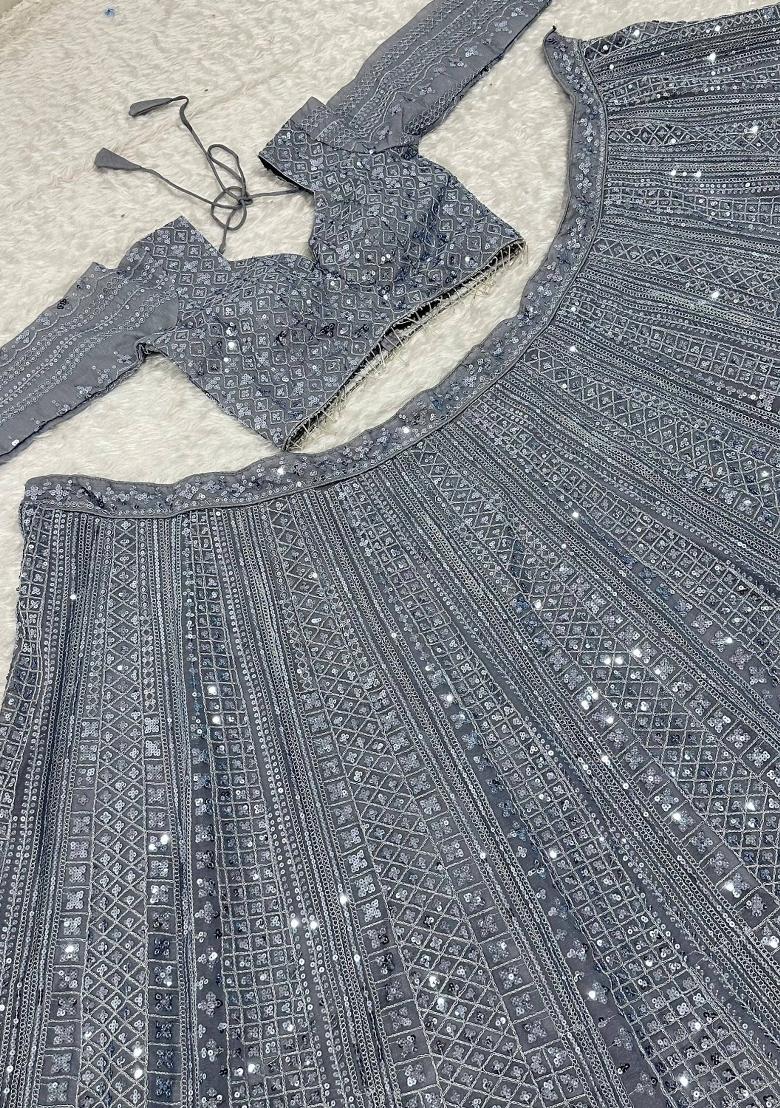 Grey Sequin Work Silk Lehenga Set - Indya