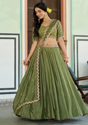 Green Embroidered Chinon Lehenga Set