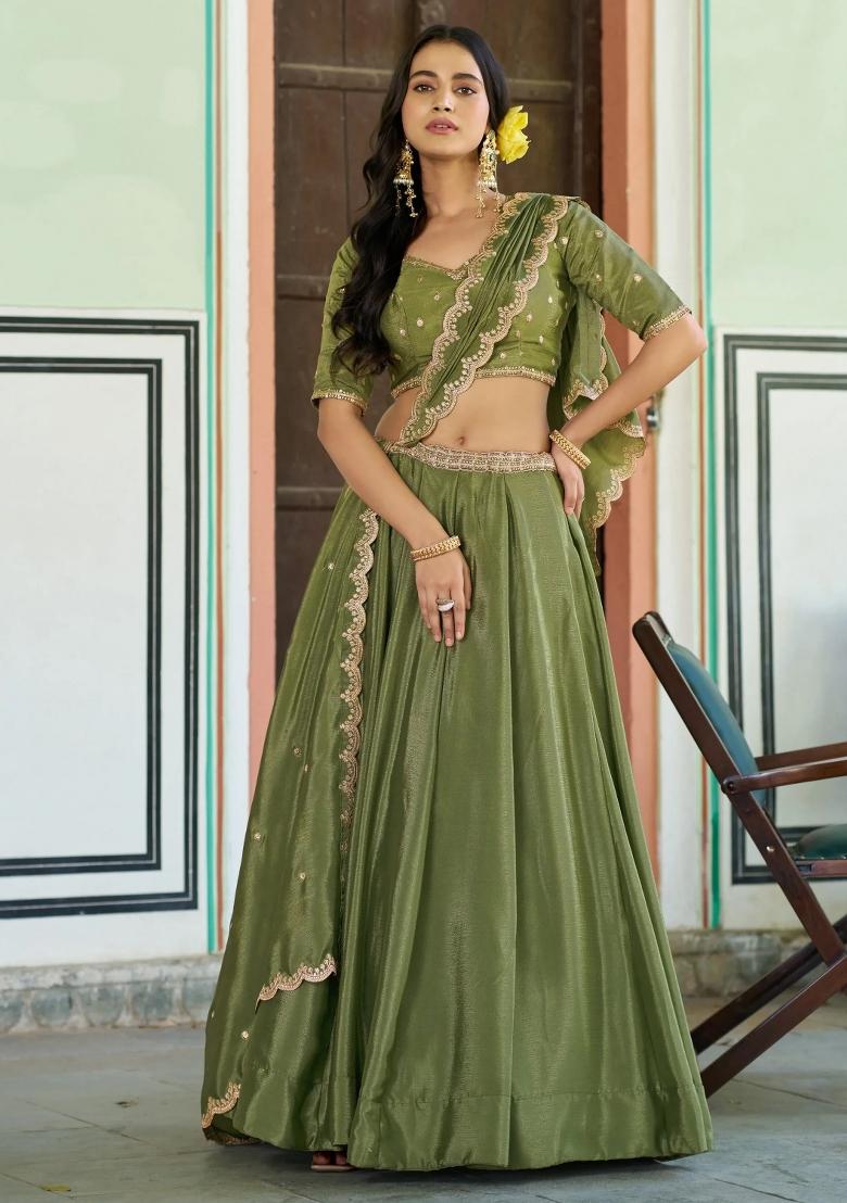 Green Embroidered Chinon Lehenga Set - Indya