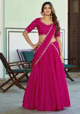 Pink Embroidered Chinon Lehenga Set