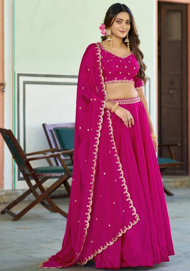 Pink Embroidered Chinon Lehenga Set - Indya
