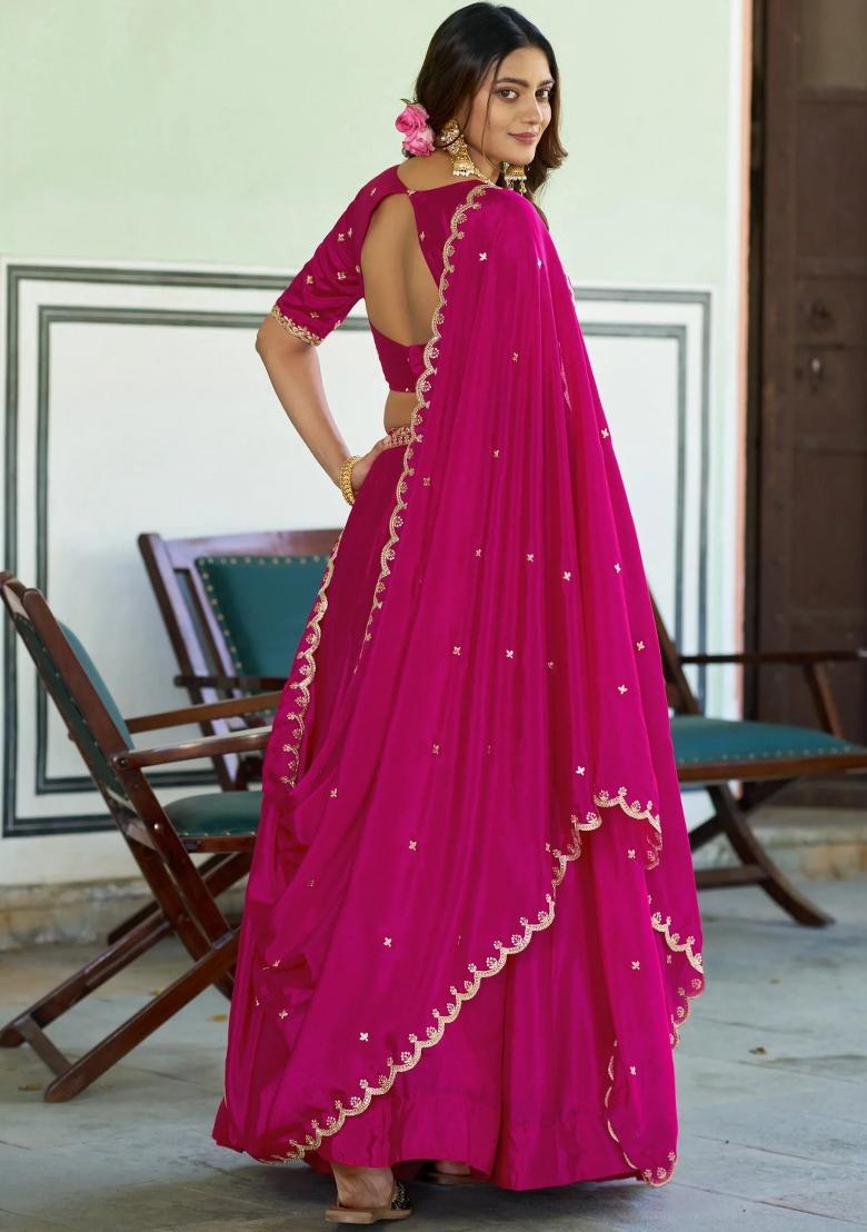 Pink Embroidered Chinon Lehenga Set - Indya
