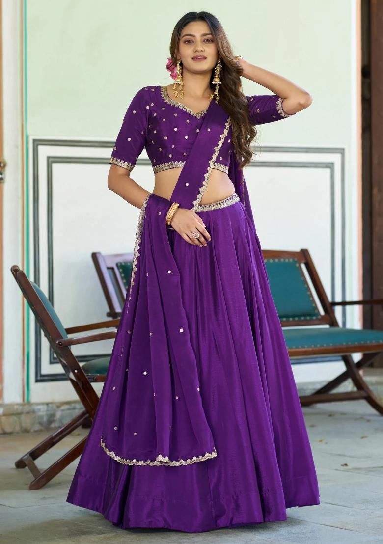 Purple Embroidered Chinon Lehenga Set - Indya
