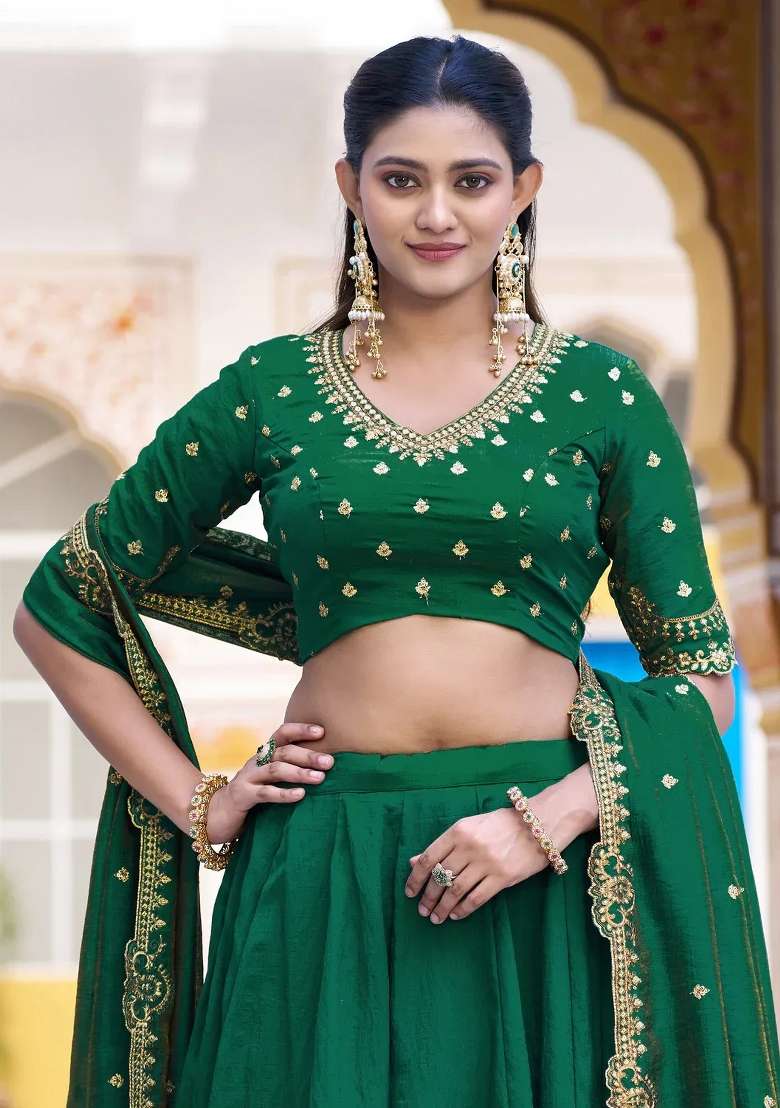 Green Embroidered Silk Lehenga Set - Indya