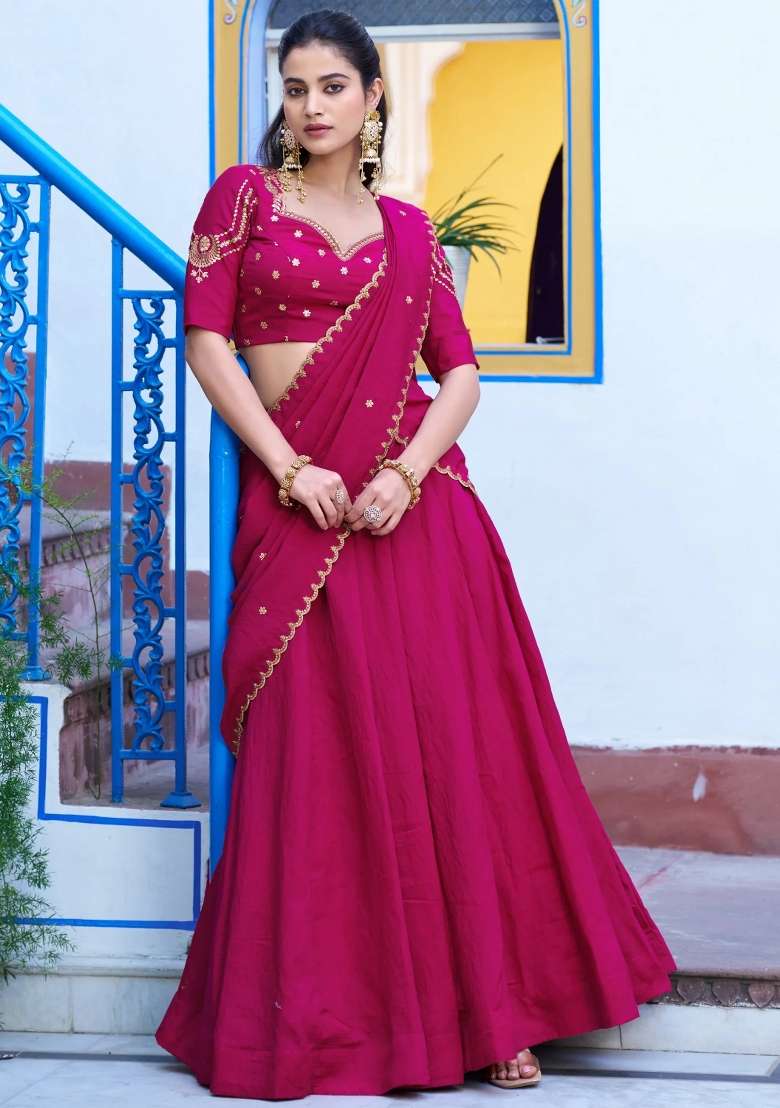 Pink Embroidered Silk Lehenga Set - Indya