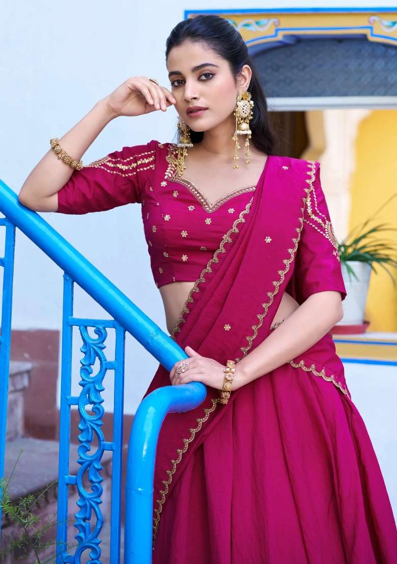 Pink Embroidered Silk Lehenga Set - Indya