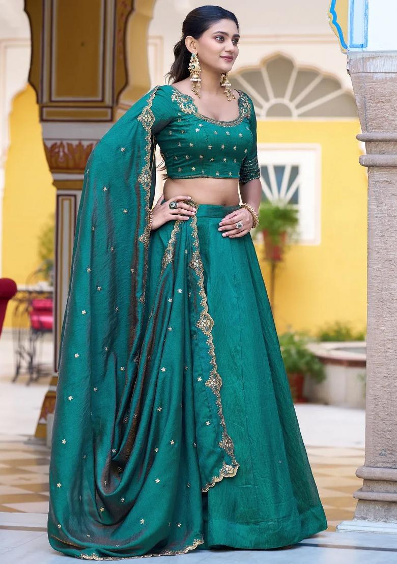 Green Embroidered Silk Lehenga Set - Indya
