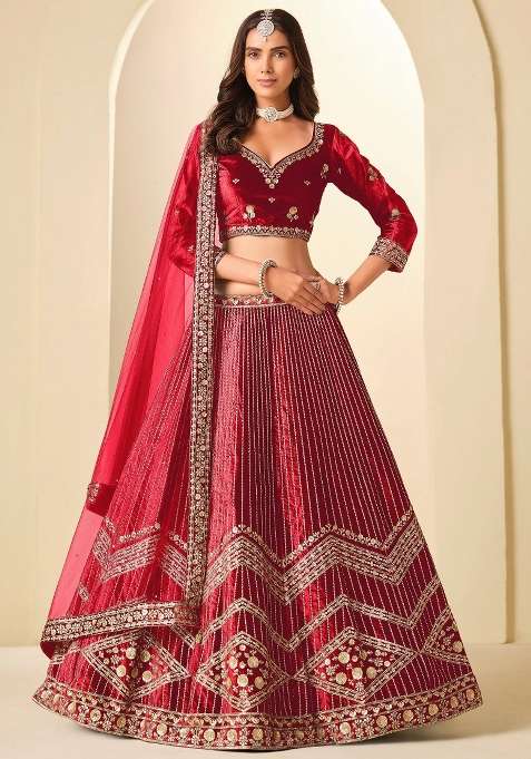 Red Sequin Work Velvet Lehenga Set for Diwali and Festive Wear