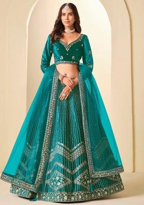 Blue Sequin Work Velvet Lehenga Set