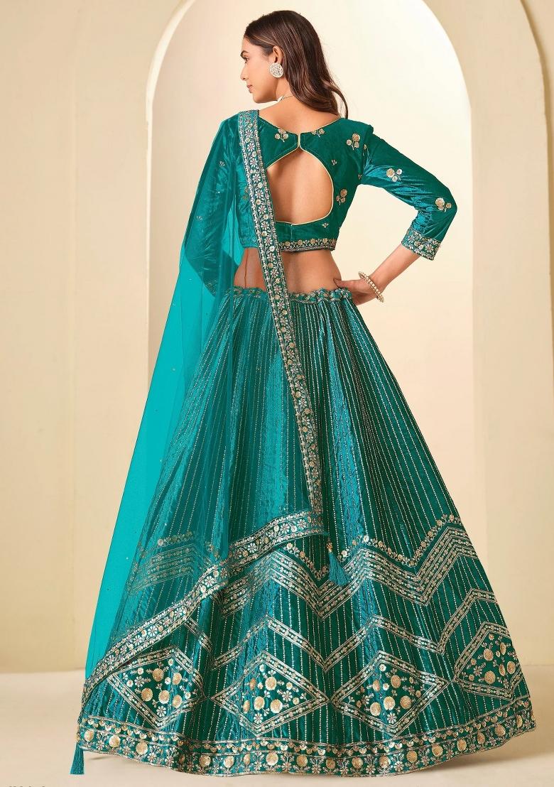 Blue Sequin Work Velvet Lehenga Set - Indya