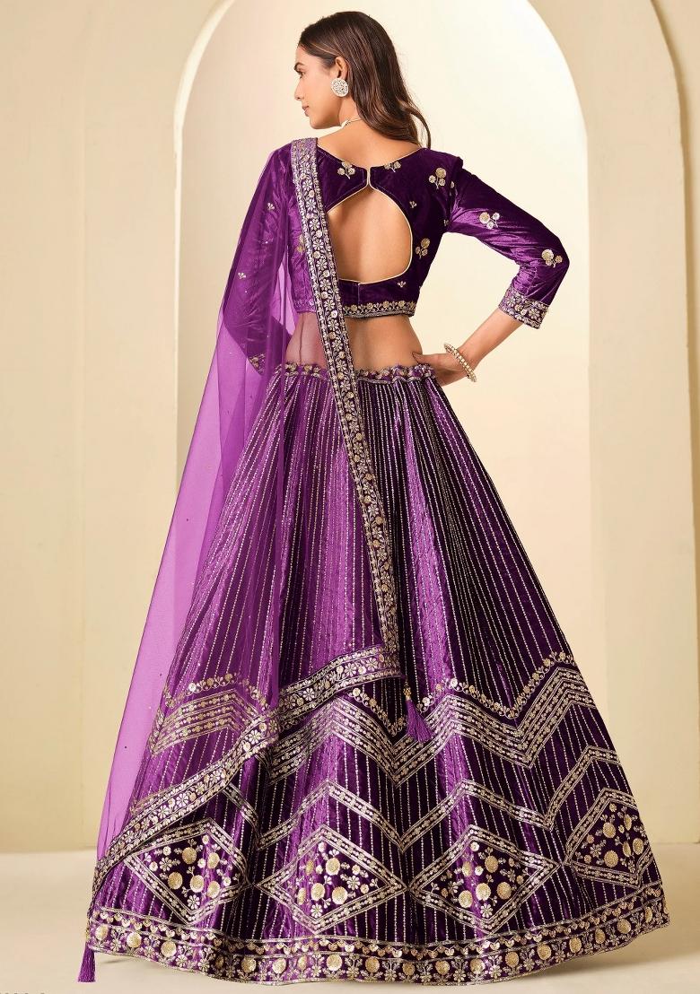 Purple Sequin Work Velvet Lehenga Set - Indya