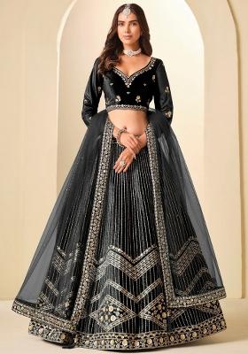 Black Sequin Work Velvet Lehenga Set