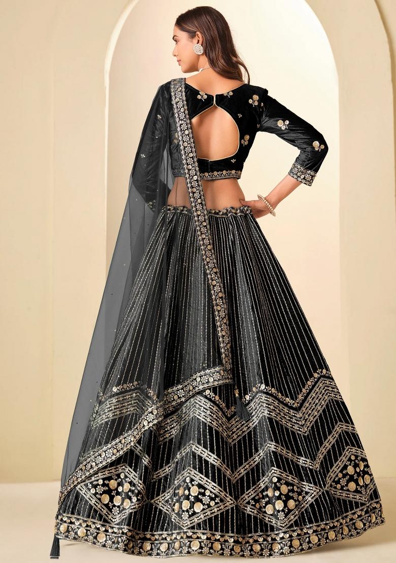 Black Sequin Work Velvet Lehenga Set - Indya