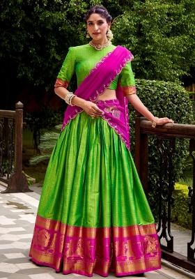 Green Embroidered Cotton Lehenga Set