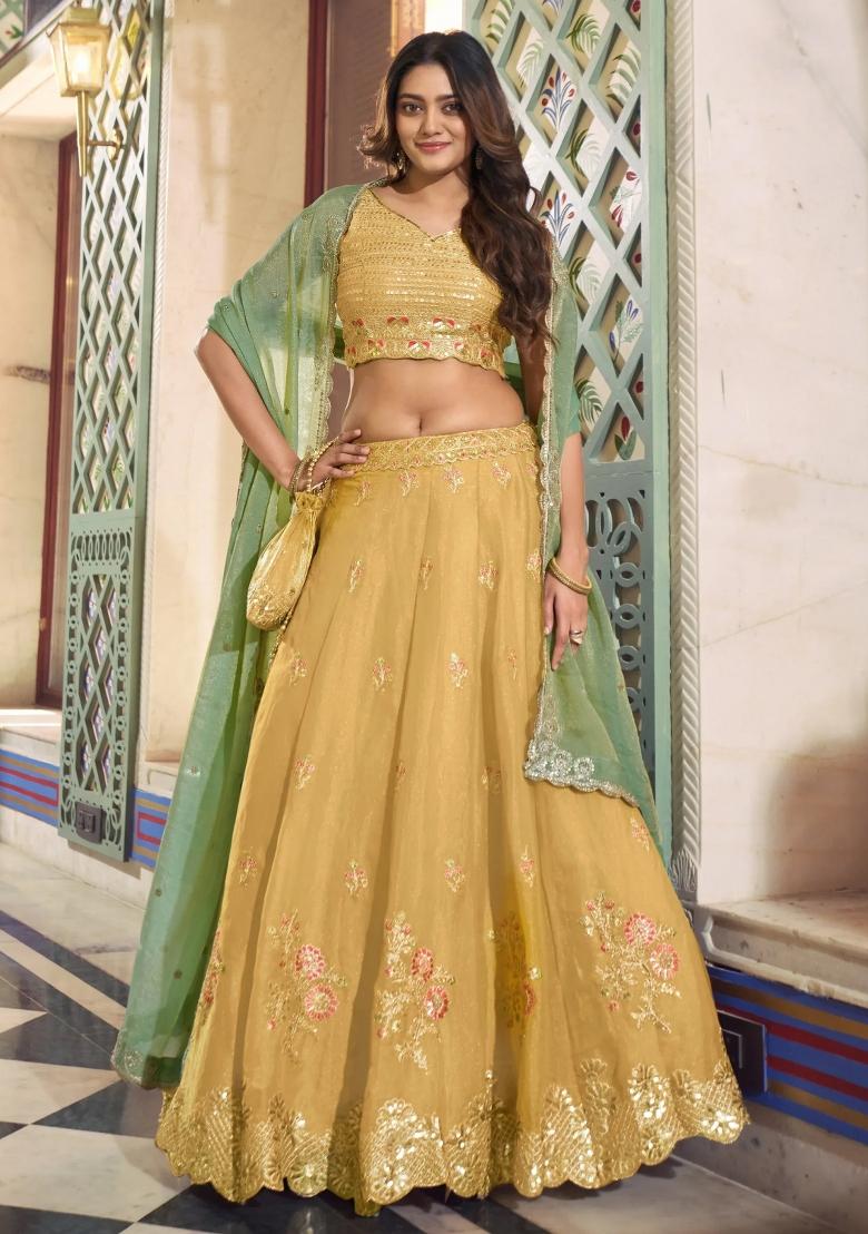 Yellow Embroidered Silk Lehenga Set - Indya