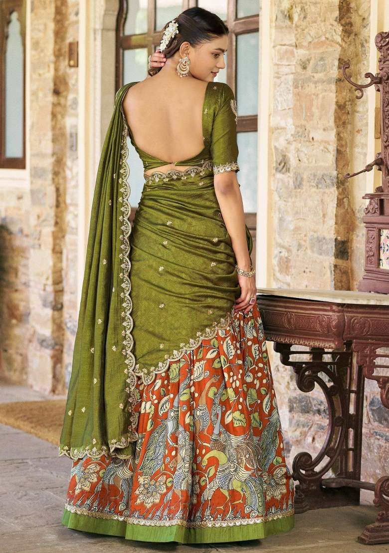 Orange Printed Silk Lehenga Set - Indya