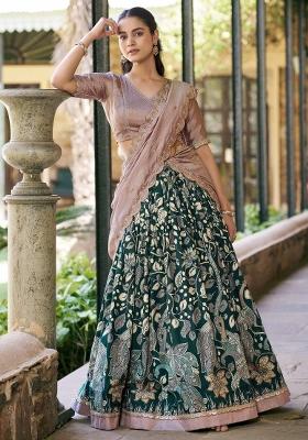 Green Printed Silk Lehenga Set