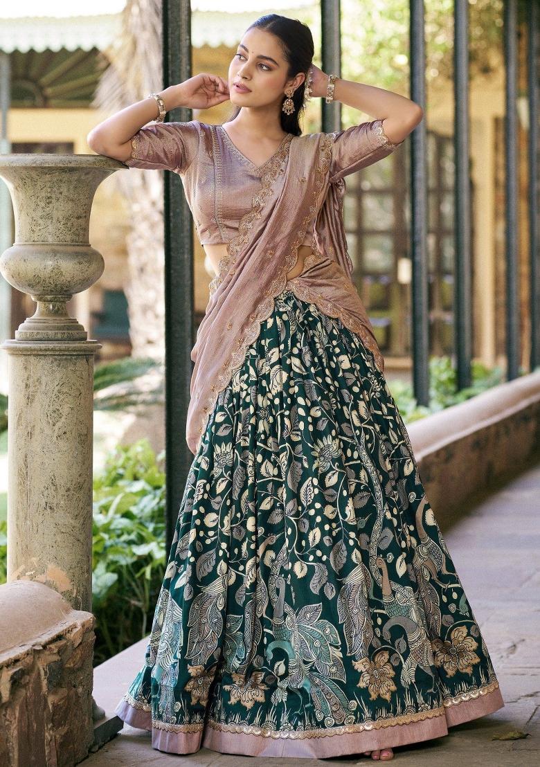 Green Printed Silk Lehenga Set - Indya