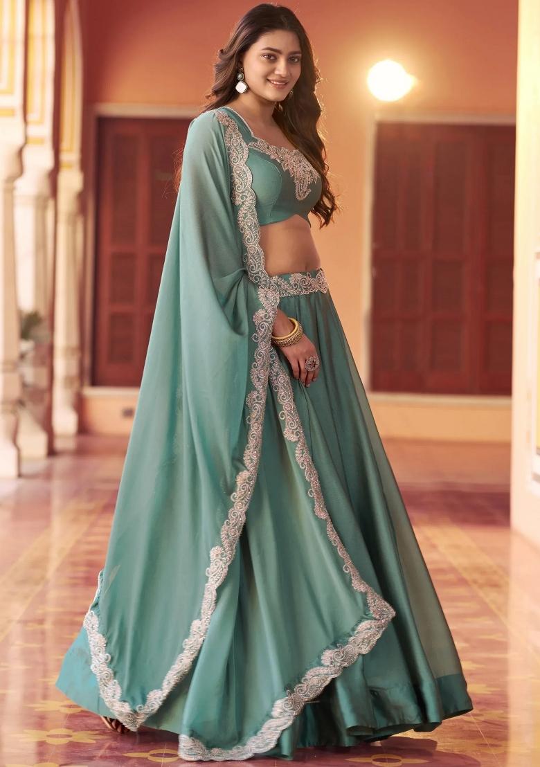Green Embroidered Silk Lehenga Set - Indya