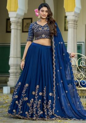 Blue Floral Print Silk Lehenga Set