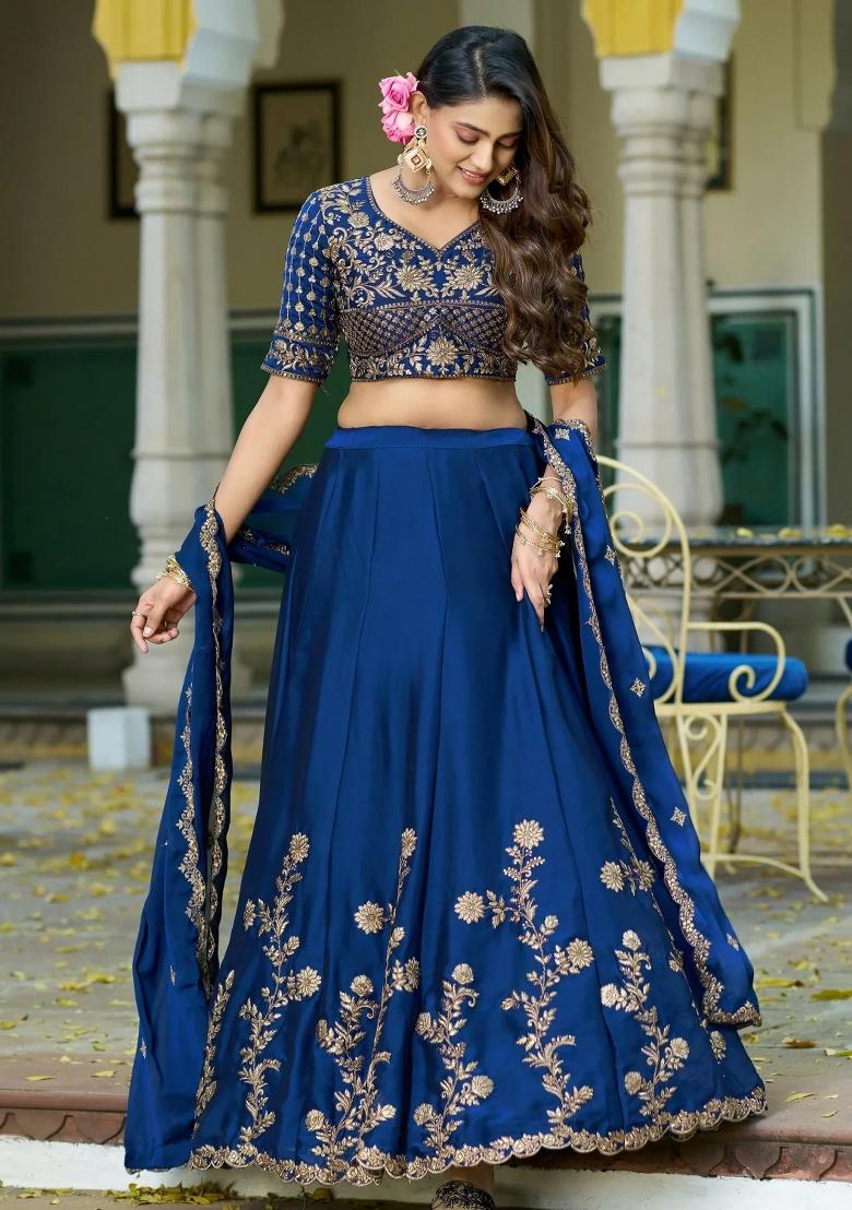 Blue Floral Print Silk Lehenga Set - Indya