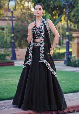 Black Floral Print Organza Lehenga Set