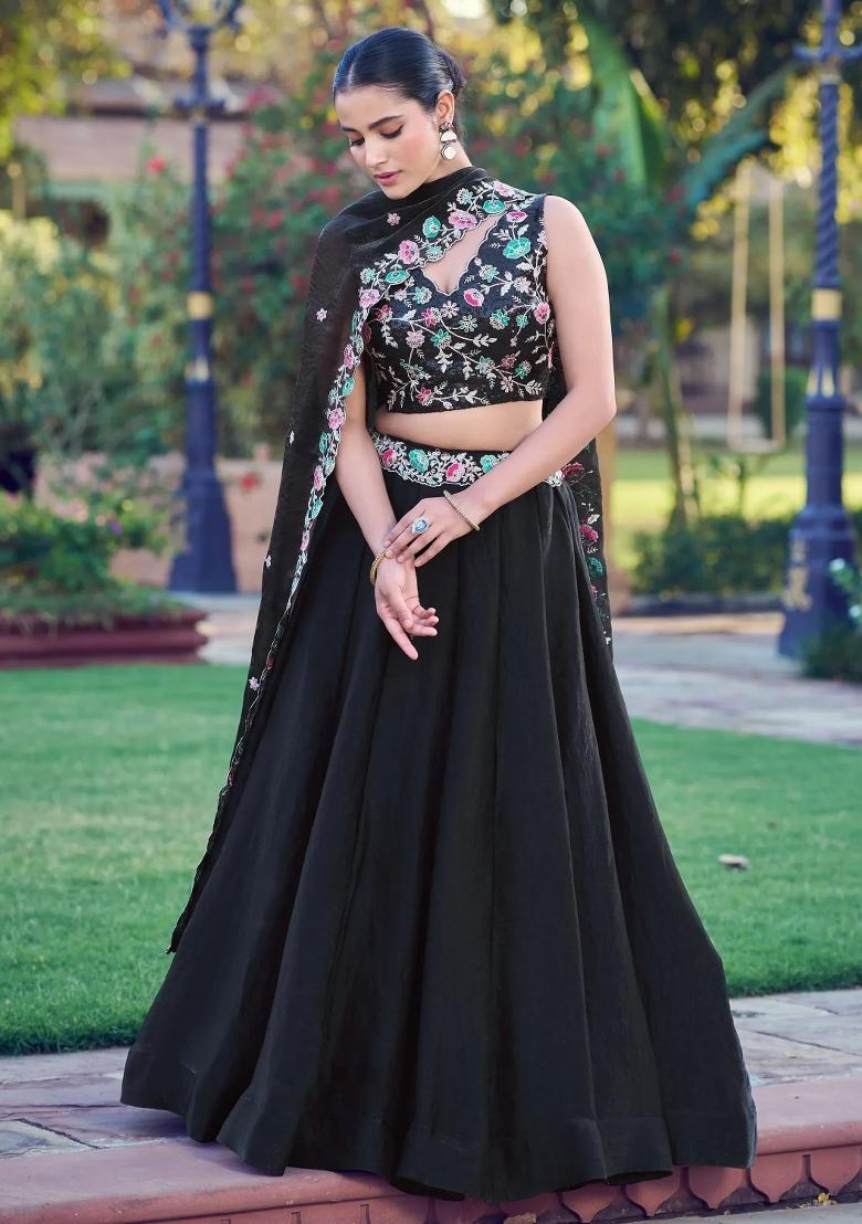 Black Floral Print Organza Lehenga Set - Indya