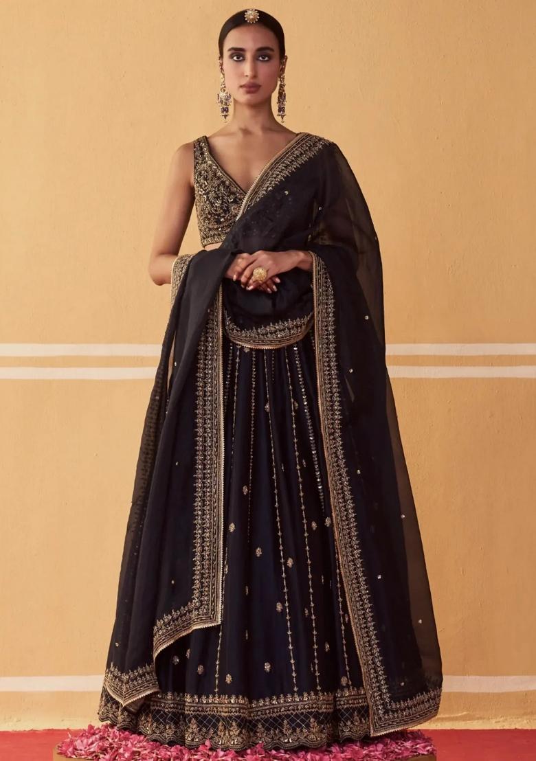 Black Floral Print Silk Lehenga Set - Indya