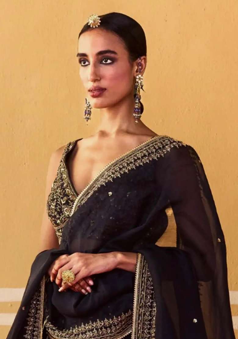 Black Floral Print Silk Lehenga Set for Diwali and Festive Wear - Indya