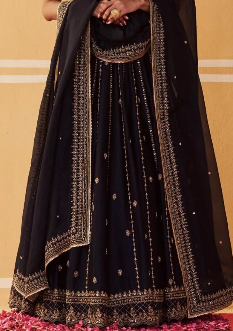 Black Floral Print Silk Lehenga Set - Indya