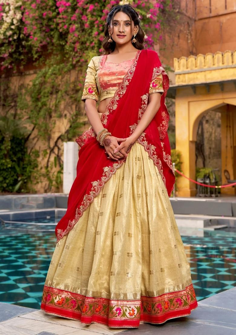 Golden Embroidered Silk Lehenga Set - Indya