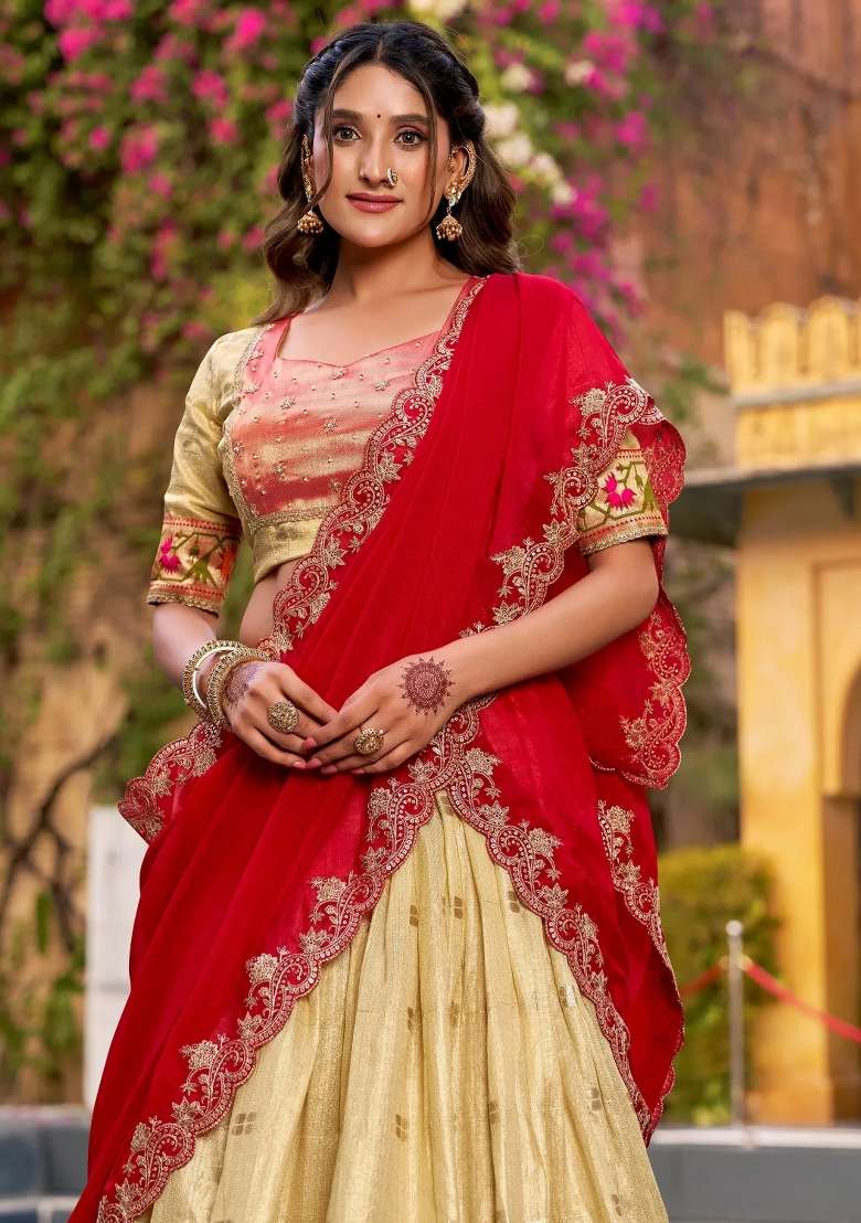 Golden Embroidered Silk Lehenga Set for Diwali and Festive Wear - Indya