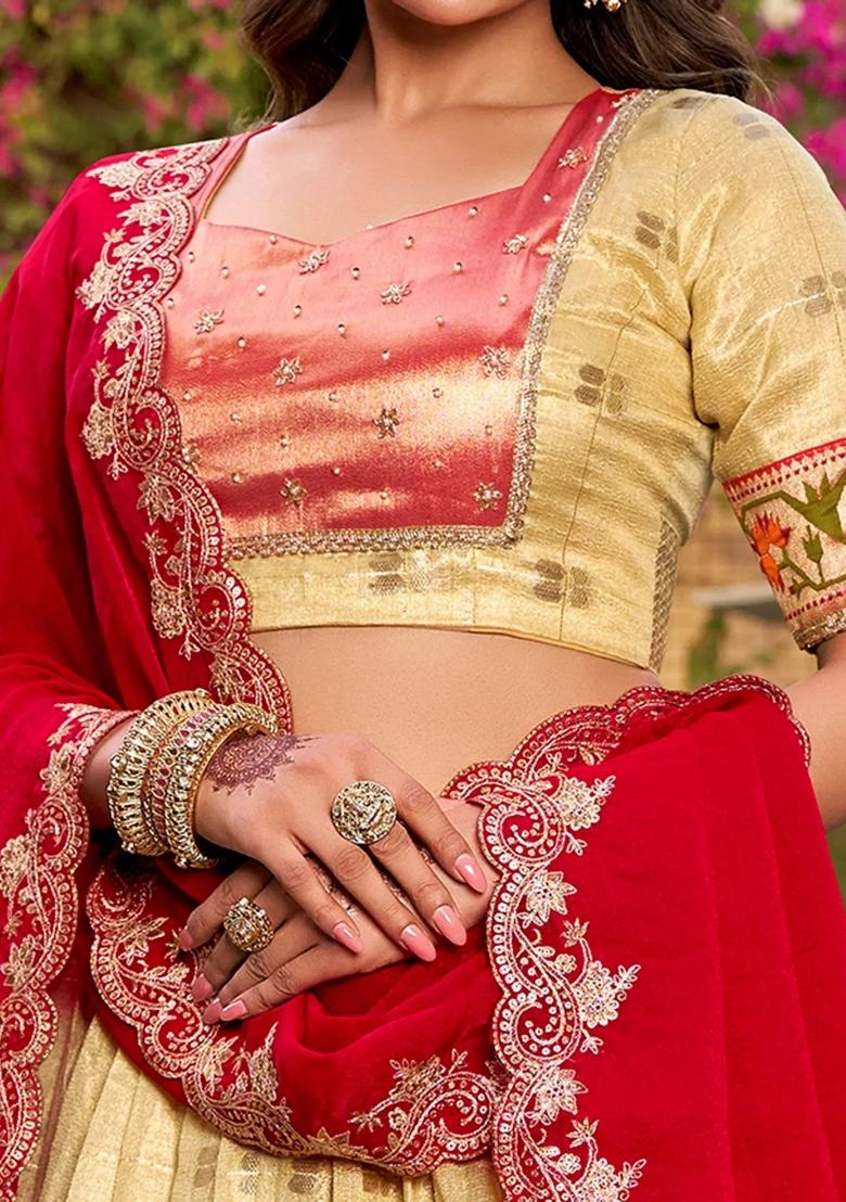 Golden Embroidered Silk Lehenga Set - Indya
