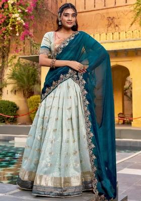 Sky Blue Embroidered Silk Lehenga Set