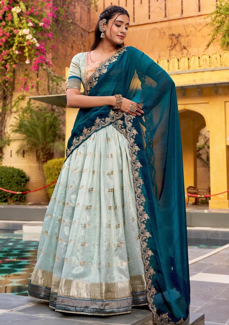 Sky Blue Embroidered Silk Lehenga Set - Indya