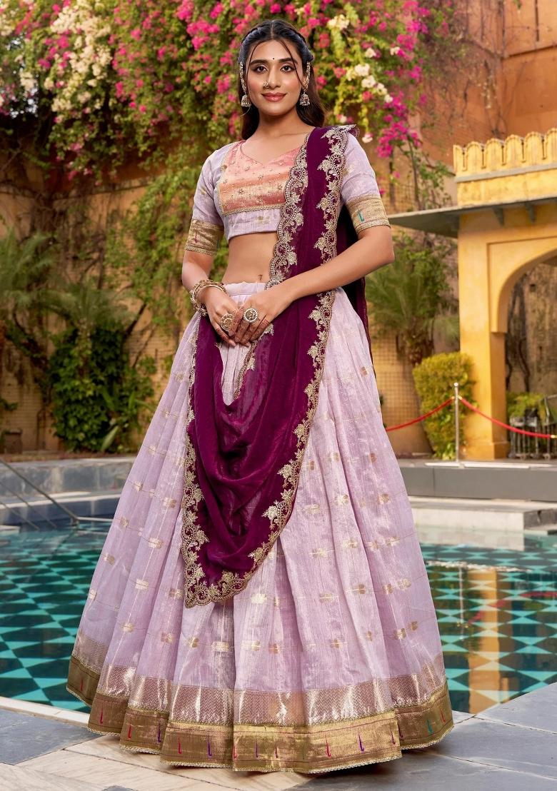 Lavender Embroidered Silk Lehenga Set - Indya
