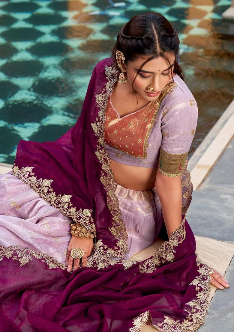 Lavender Embroidered Silk Lehenga Set - Indya