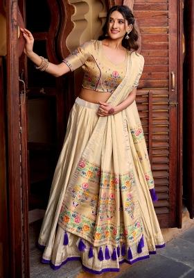 Cream Zari Work Silk Lehenga Set