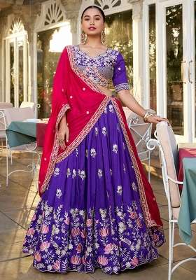 Purple Silk Lehenga Set with Floral Print for Diwali | Wedding & Festive Wear