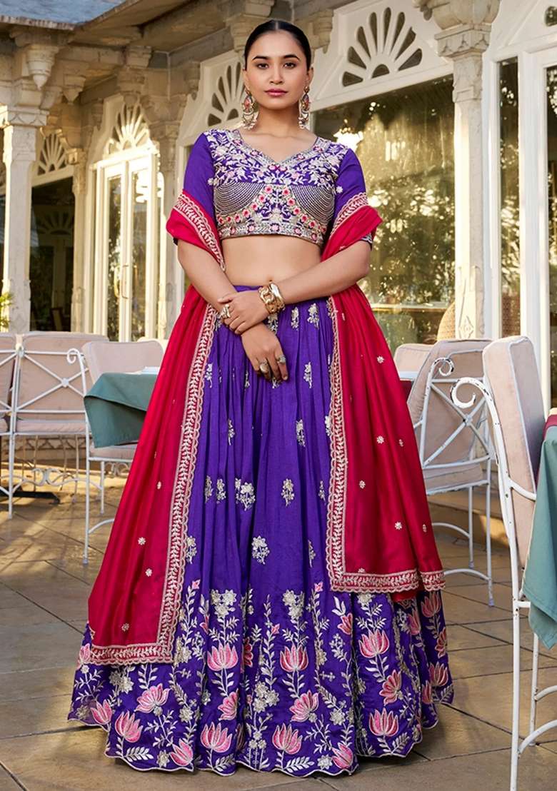 Purple Floral Print Silk Lehenga Set - Indya
