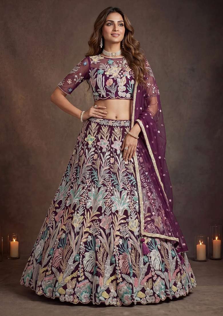 Wine Floral Print Net Lehenga Set for Diwali and Festive Wear - Indya