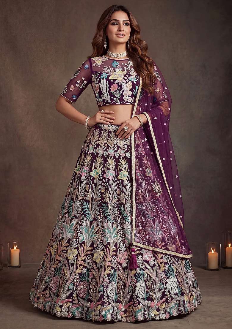 Wine Floral Print Net Lehenga Set for Diwali and Festive Wear - Indya