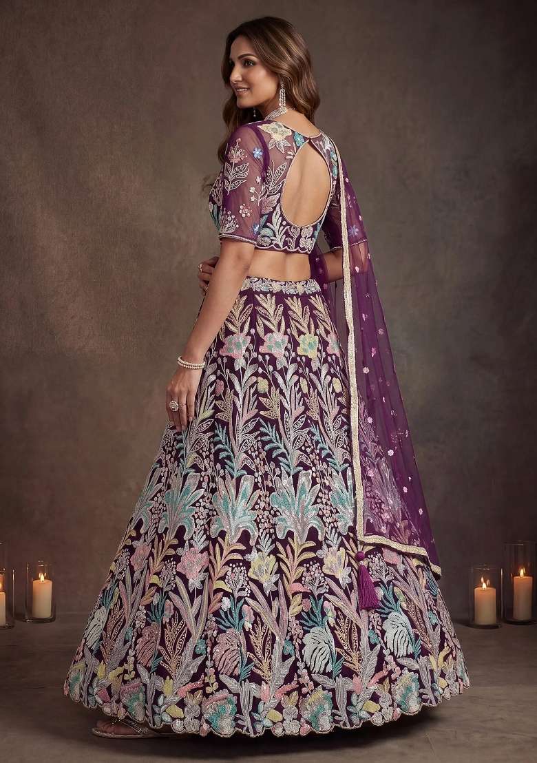 Wine Floral Print Net Lehenga Set for Diwali and Festive Wear - Indya