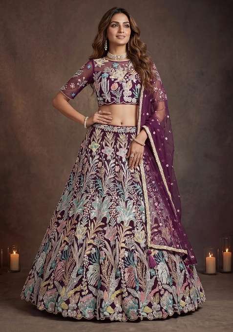 Wine Floral Print Net Lehenga Set for Diwali and Festive Wear