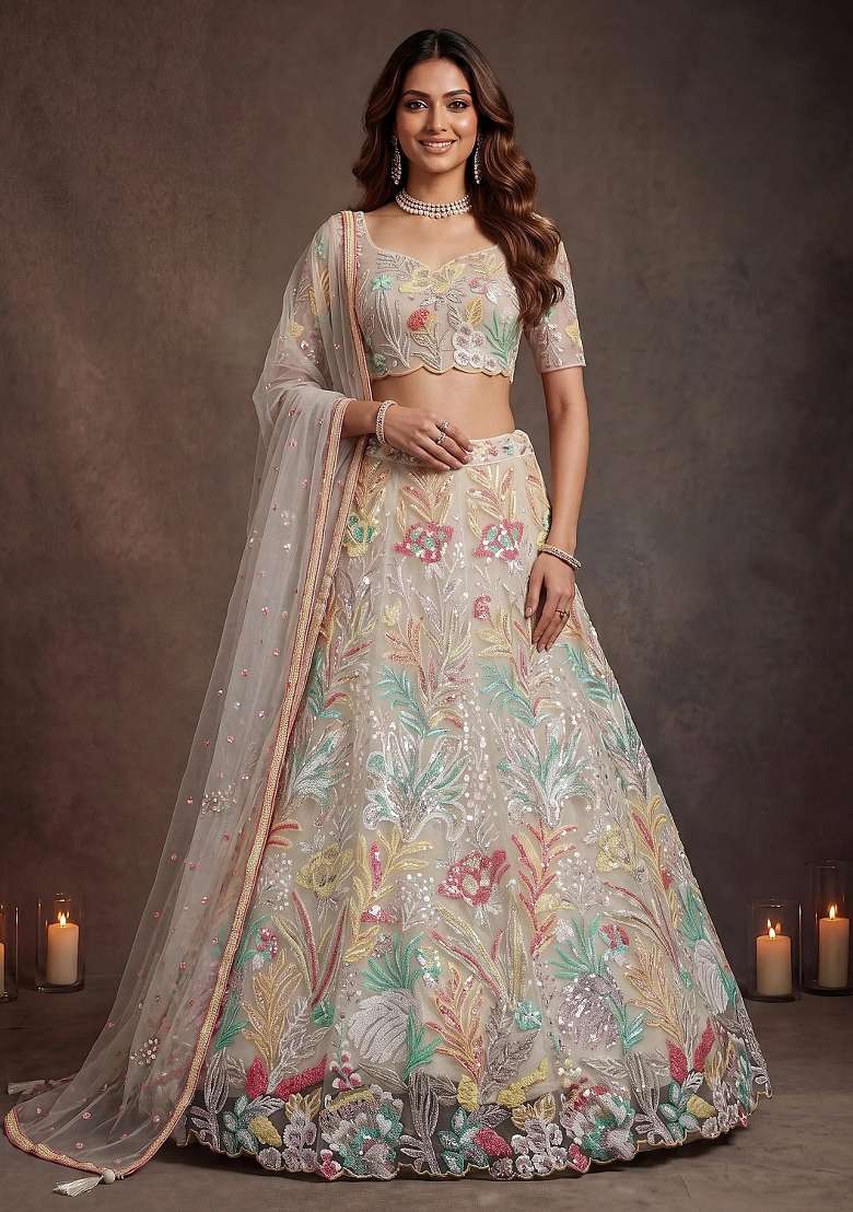 Off White Net Lehenga Set with Floral Print for Diwali | Wedding & Festive Wear - Indya