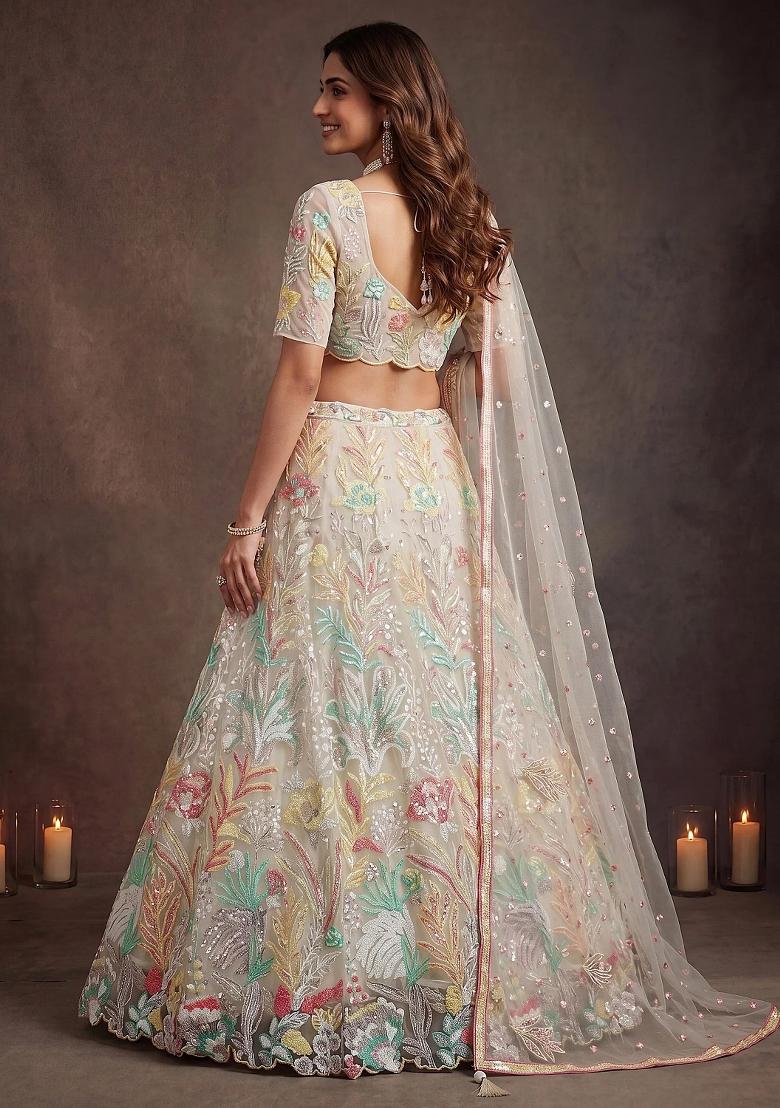Off White Floral Print Net Lehenga Set - Indya