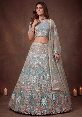 Green Floral Print Net Lehenga Set