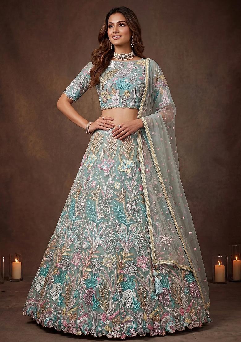 Green Floral Print Net Lehenga Set - Indya
